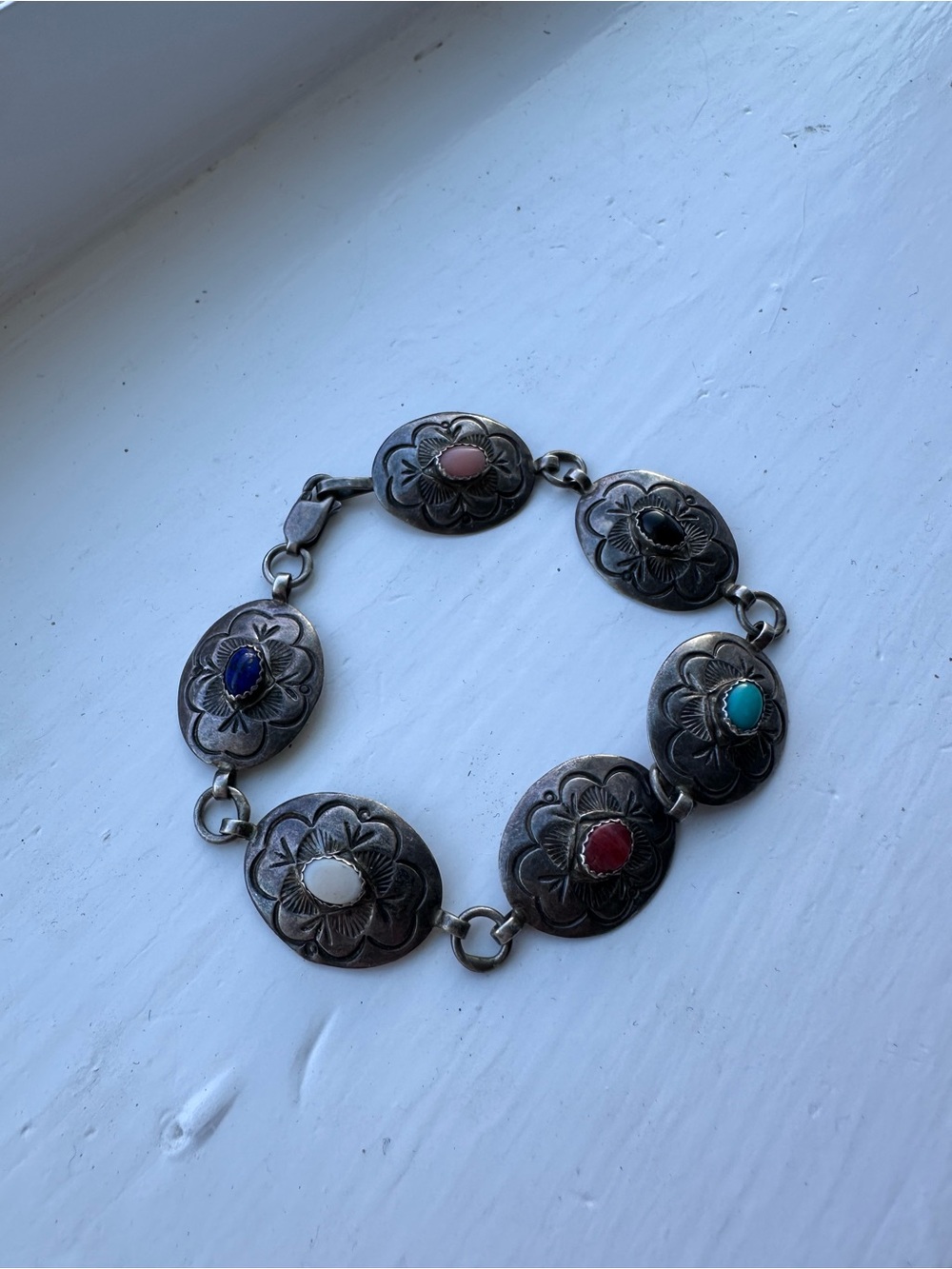 Vintage sterling silver gemstone Concho bracelet
